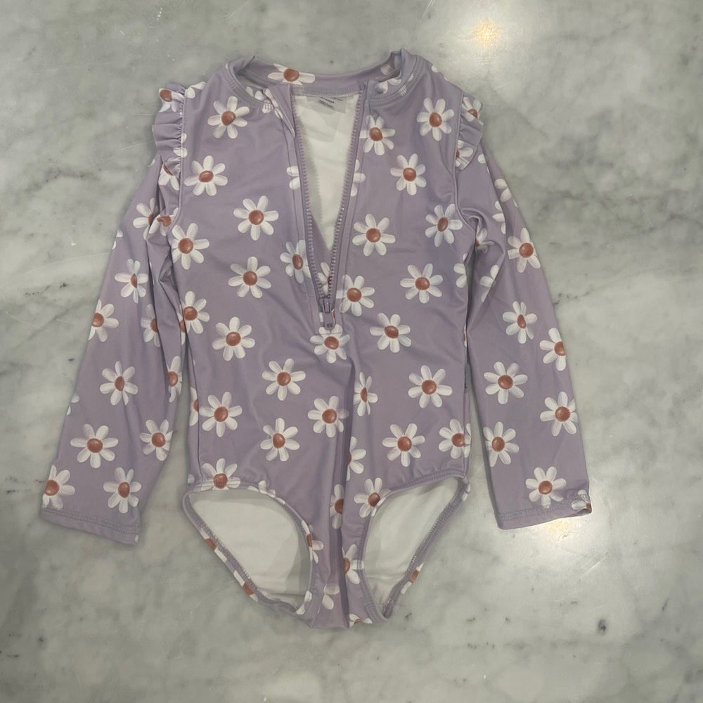 Petit Lem Lavender Daisy Long-Sleeve One-Piece Swimsuit